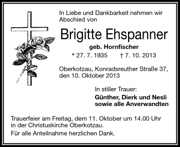 Traueranzeige von Brigitte Ehspanner von Frankenpost