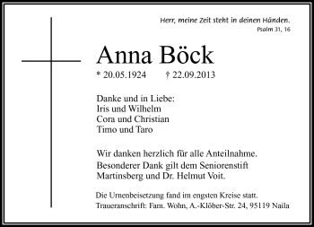 Traueranzeige von Anna Böck von Frankenpost