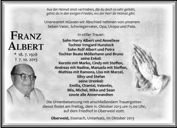 Traueranzeige von Franz Albert von Südthüringer Presse