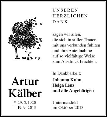 Traueranzeige von Artur Kälber von Südthüringer Presse
