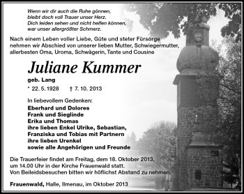 Traueranzeige von Juliane Kummer von Südthüringer Presse