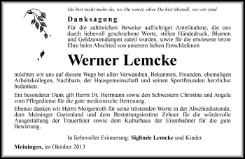 Traueranzeige von Werner Lemcke von Südthüringer Presse