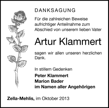 Traueranzeige von Artur Klammert von Südthüringer Presse