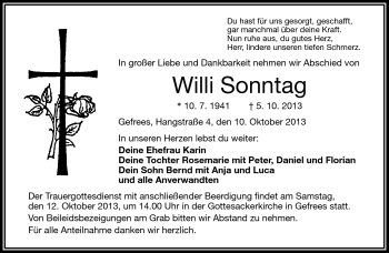 Traueranzeige von Willi Sonntag von Frankenpost