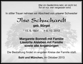 Traueranzeige von Ilse Schuchardt von Südthüringer Presse