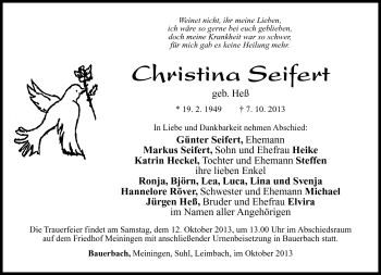 Traueranzeige von Christina Seifert von Südthüringer Presse