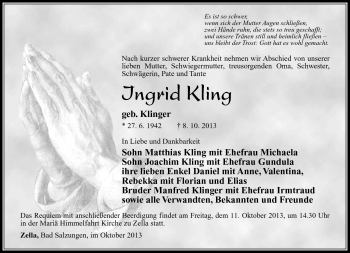 Traueranzeige von Ingrid Kling von Südthüringer Presse