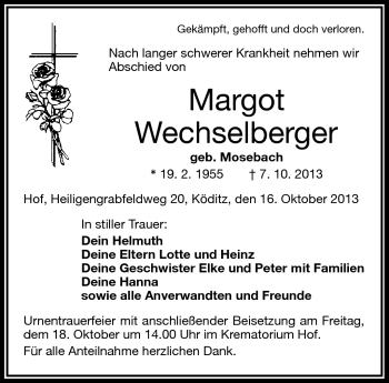 Traueranzeige von Margot Wechselberger von Frankenpost