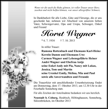 Traueranzeige von Horst Wagner von Südthüringer Presse