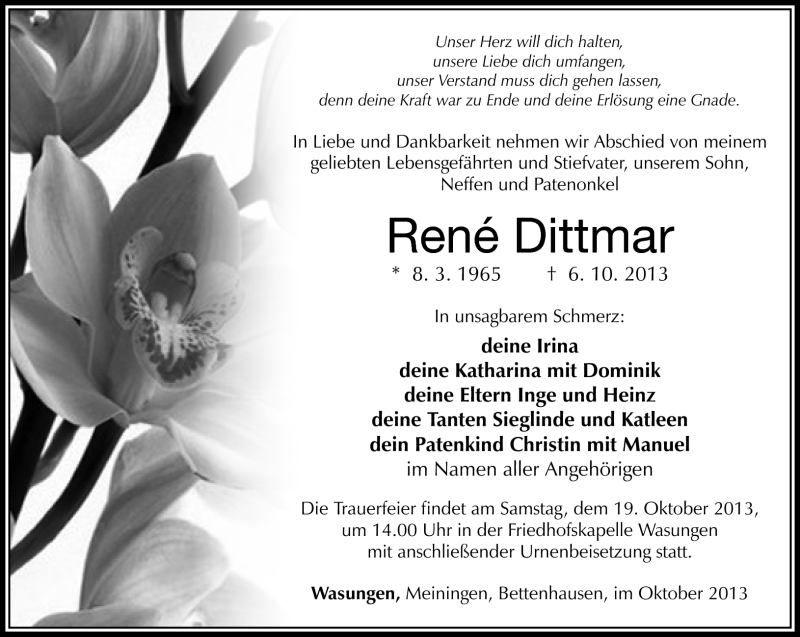  Traueranzeige für René Dittmar vom 12.10.2013 aus Südthüringer Presse