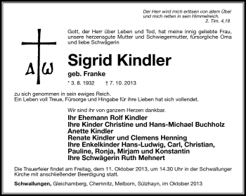 Traueranzeige von Sigrid Kindler von Südthüringer Presse