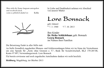 Traueranzeige von Lore Bonsack von Südthüringer Presse