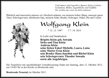Traueranzeige von Wolfgang Klein von Südthüringer Presse
