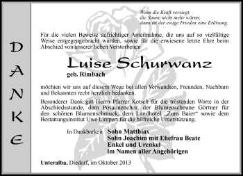 Traueranzeige von Luise Schurwanz von Südthüringer Presse
