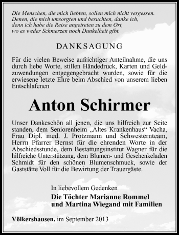 Traueranzeige von Anton Schirmer von Südthüringer Presse