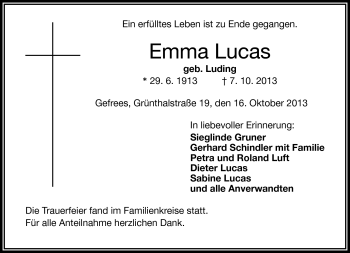 Traueranzeige von Emma Lucas von Frankenpost