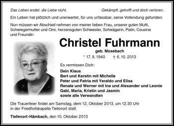 Traueranzeige von Christel Fuhrmann von Südthüringer Presse