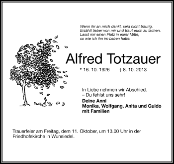Traueranzeige von Alfred Totzauer von Frankenpost