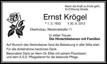 Traueranzeige von Ernst Krögel von Frankenpost