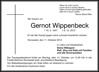 Traueranzeige von Gernot Wippenbeck von Frankenpost