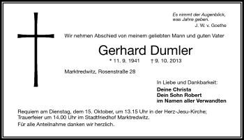 Traueranzeige von Gerhard Dumler von Frankenpost