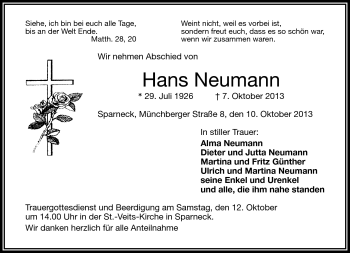 Traueranzeige von Hans Neumann von Frankenpost