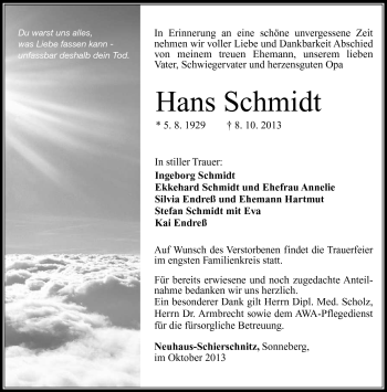 Traueranzeige von Hans Schmidt von Südthüringer Presse