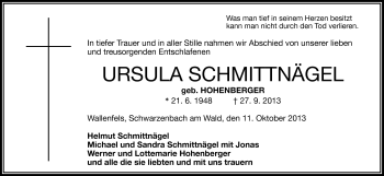 Traueranzeige von Ursula Schmittnägel von Frankenpost