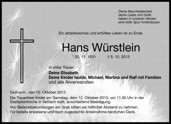 Traueranzeige von Hans Würstlein von Neue Presse Coburg