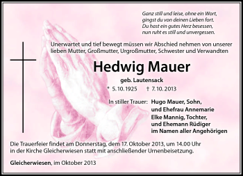 Traueranzeige von Hedwig Mauer von Südthüringer Presse