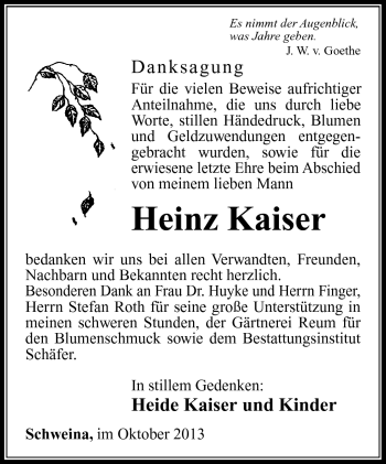 Traueranzeige von Heinz Kaiser von Südthüringer Presse