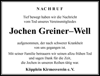 Traueranzeige von Jochen Greiner-Well von Südthüringer Presse
