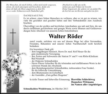 Traueranzeige von Walter Röder von Südthüringer Presse