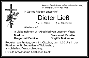 Traueranzeige von Dieter Ließ von Frankenpost