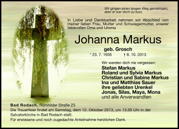 Traueranzeige von Johanna Markus von Neue Presse Coburg