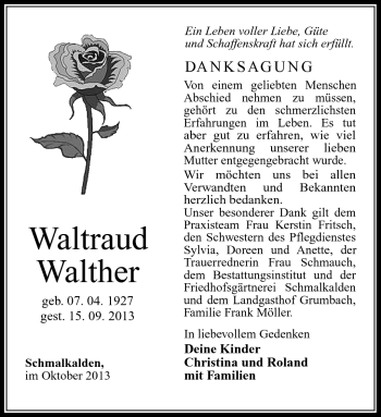 Traueranzeige von Waltraud Walther von Südthüringer Presse