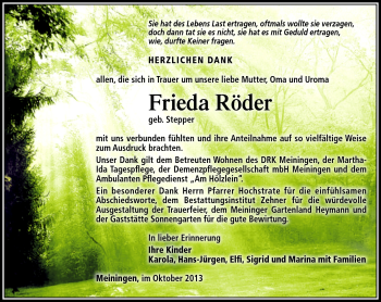 Traueranzeige von Frieda Röder von Südthüringer Presse