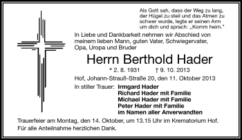 Traueranzeige von Berthold Hader von Frankenpost