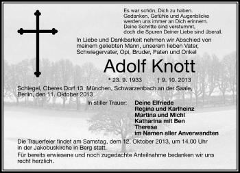Traueranzeige von Adolf Knott von Frankenpost