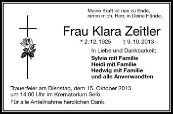 Traueranzeige von Klara Zeitler von Frankenpost