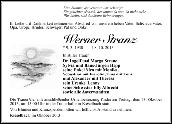 Traueranzeige von Werner Stranz von Südthüringer Presse