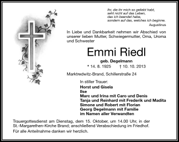 Traueranzeige von Emmi Riedl von Frankenpost