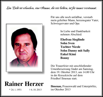 Traueranzeige von Rainer Herzer von Südthüringer Presse