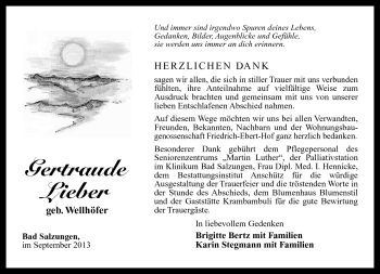 Traueranzeige von Gertraude Lieber von Südthüringer Presse