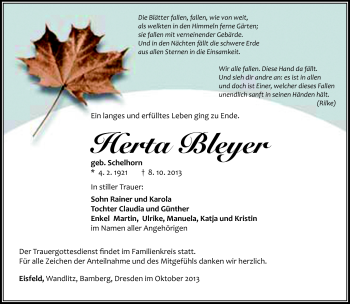 Traueranzeige von Herta Bleyer von Südthüringer Presse