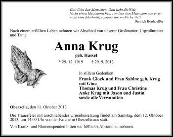 Traueranzeige von Anna Krug von Südthüringer Presse