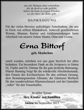 Traueranzeige von Erna Bittorf von Südthüringer Presse