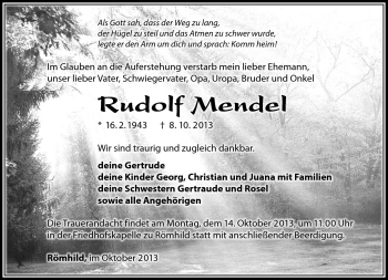 Traueranzeige von Rudolf Mendel von Südthüringer Presse