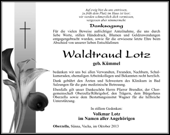Traueranzeige von Waldtraud Loth von Südthüringer Presse