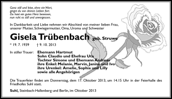 Traueranzeige von Gisela Trübenbach von Südthüringer Presse